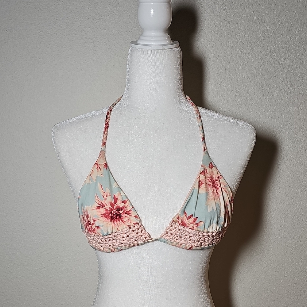 Floral Halter Bikini Top - Pink and Blue